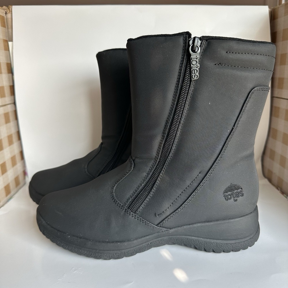 TOTES Boots Womens Size 7M Rosie 2 Double Zip Black Waterproof Insulate Rainboot